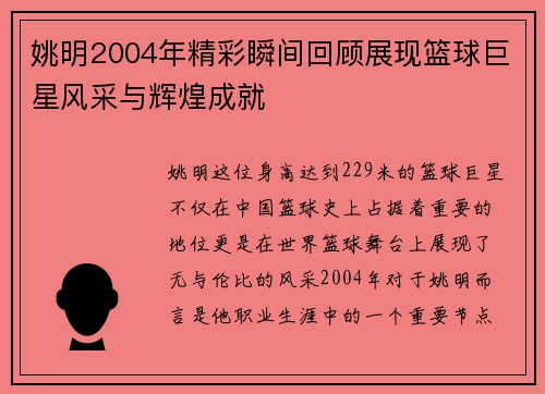 姚明2004年精彩瞬间回顾展现篮球巨星风采与辉煌成就